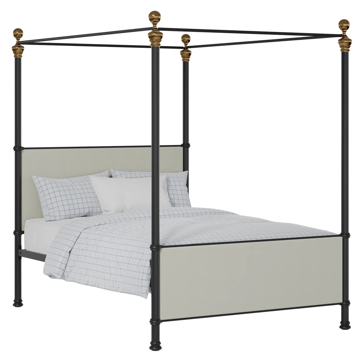 Riviere iron/metal upholstered bed in black with oatmeal fabric