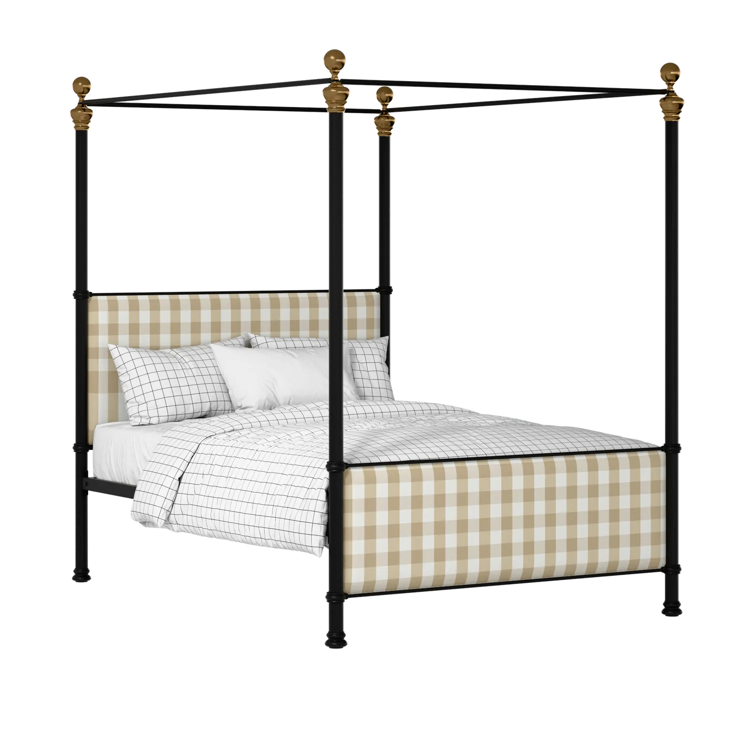 Riviere iron/metal upholstered bed in black with Romo Kemble Putty fabric