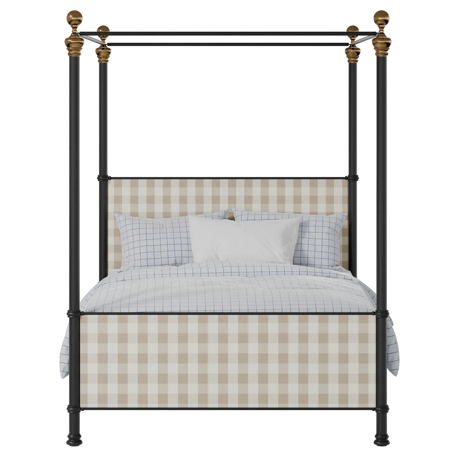 Riviere iron/metal upholstered bed in black with Romo Kemble Putty fabric