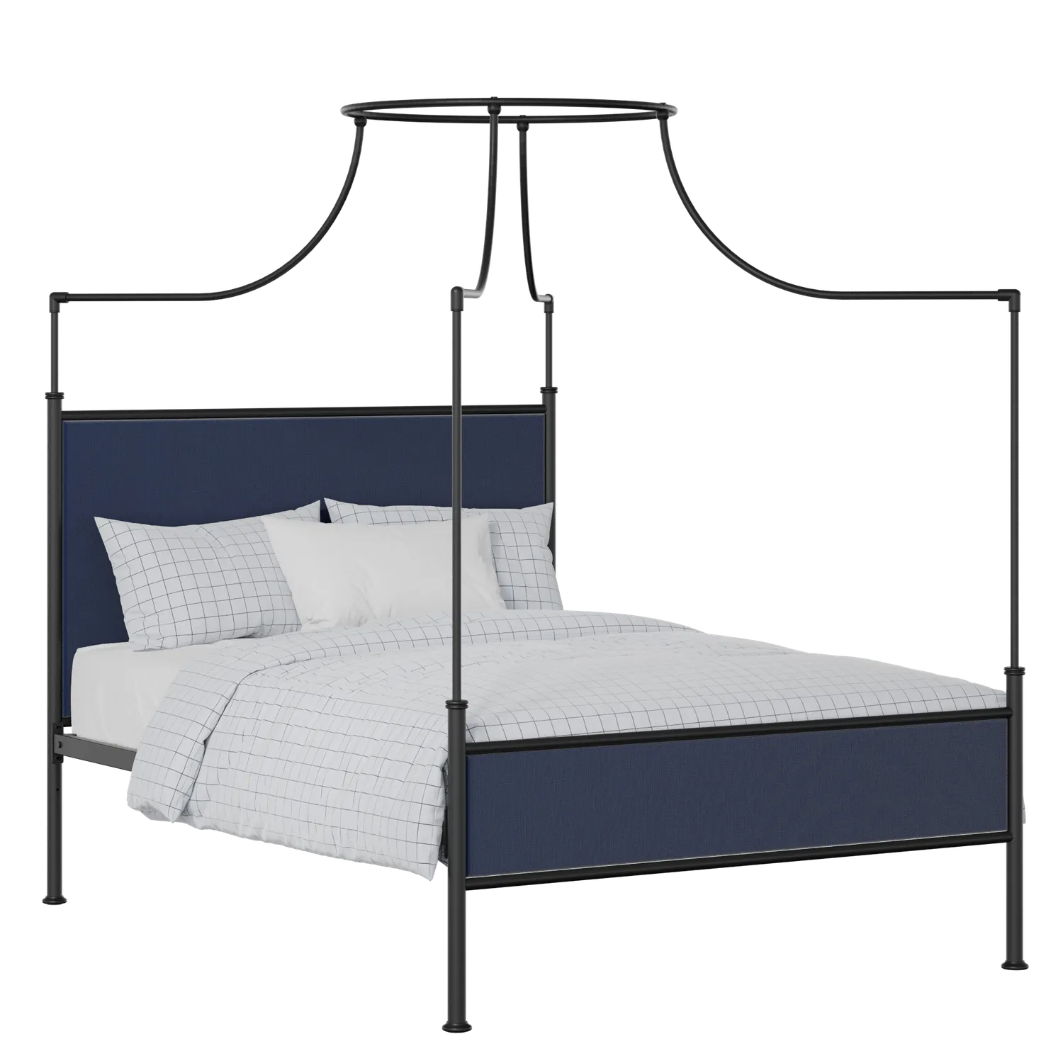 Waterloo Slim iron/metal upholstered bed in black with blue fabric