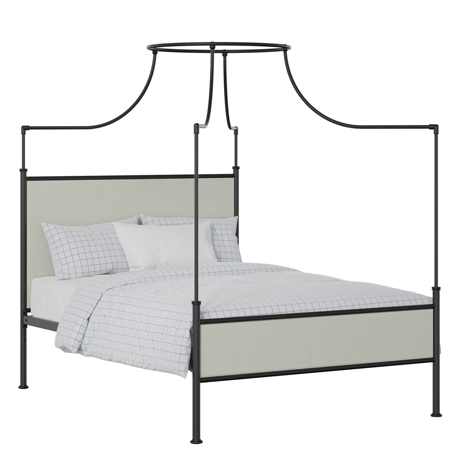 Waterloo Slim iron/metal upholstered bed in black with oatmeal fabric
