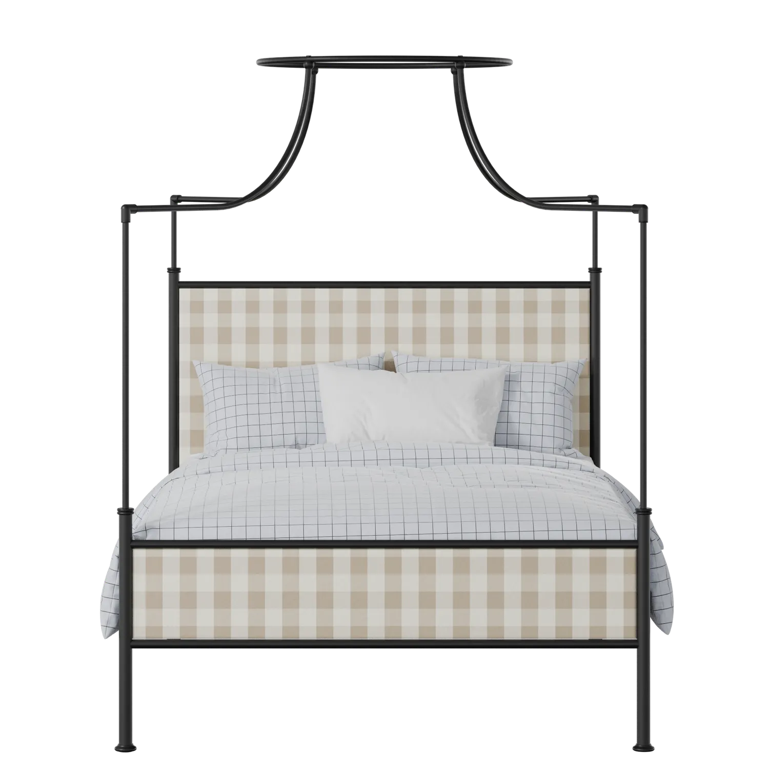 Waterloo Slim iron/metal upholstered bed in black with Romo Kemble Putty fabric