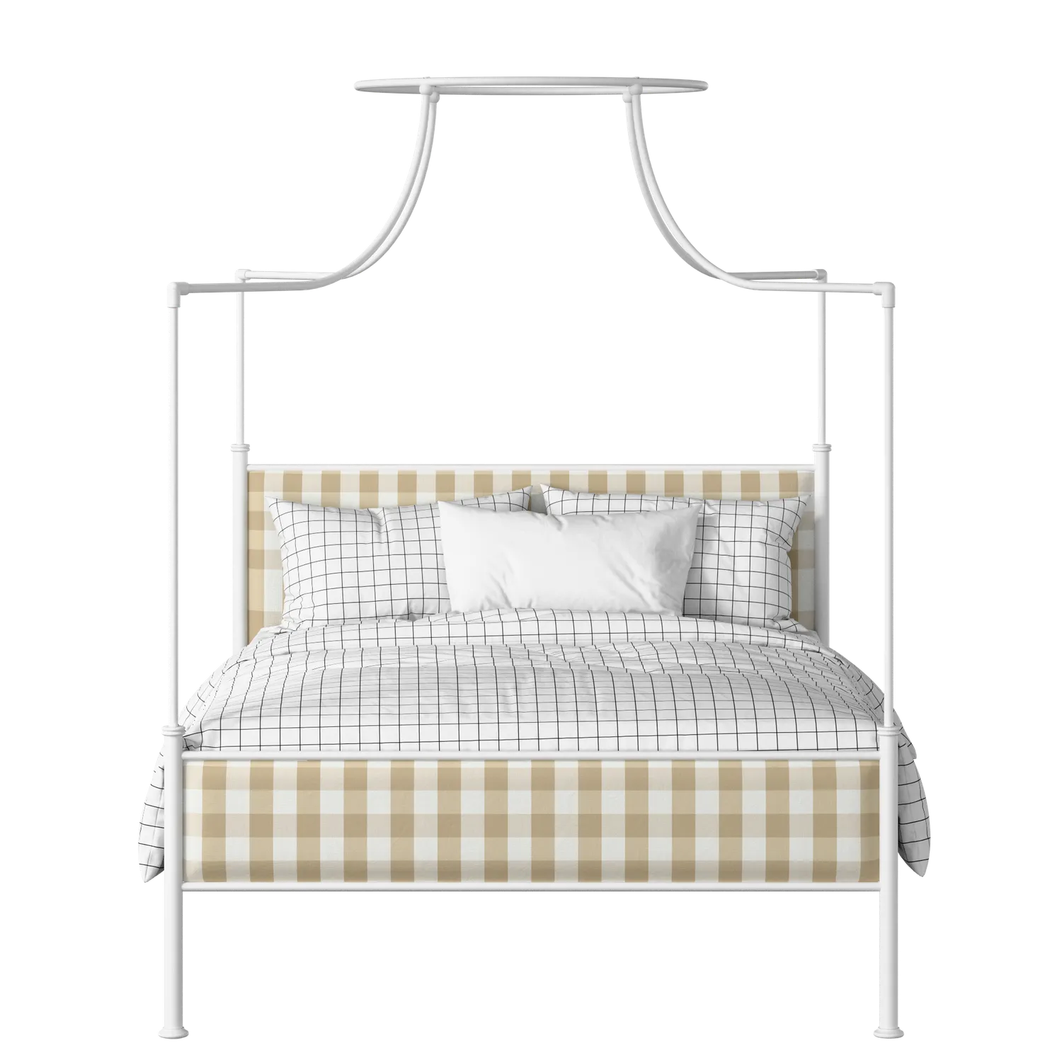 Waterloo Slim iron/metal upholstered bed in white with grey fabric