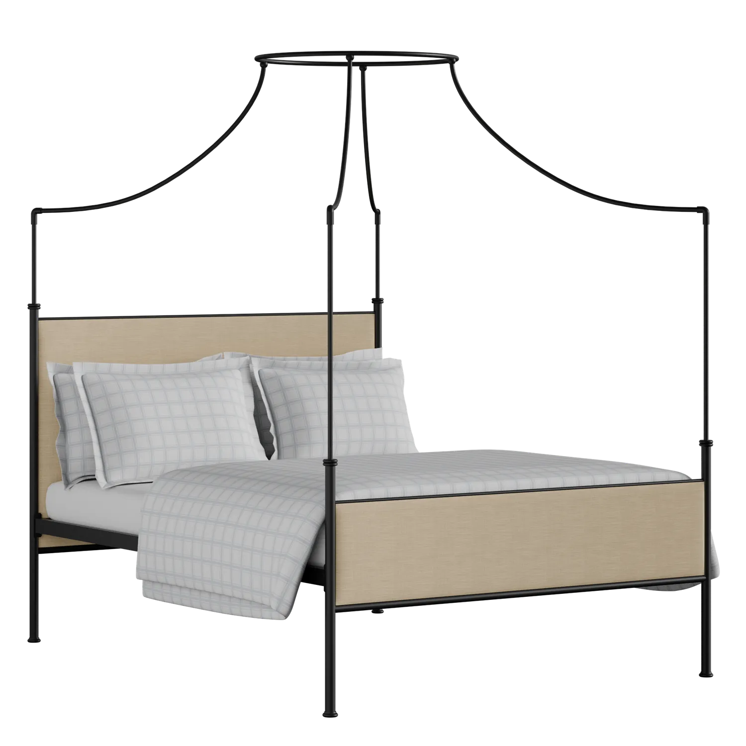 Waterloo iron/metal upholstered bed in black with natural fabric