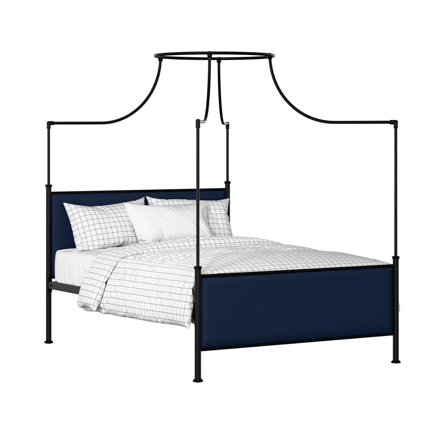 Waterloo iron/metal upholstered bed in black with blue fabric