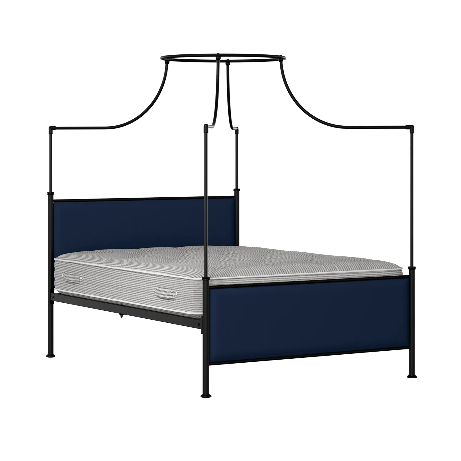 Waterloo iron/metal upholstered bed in black with blue fabric