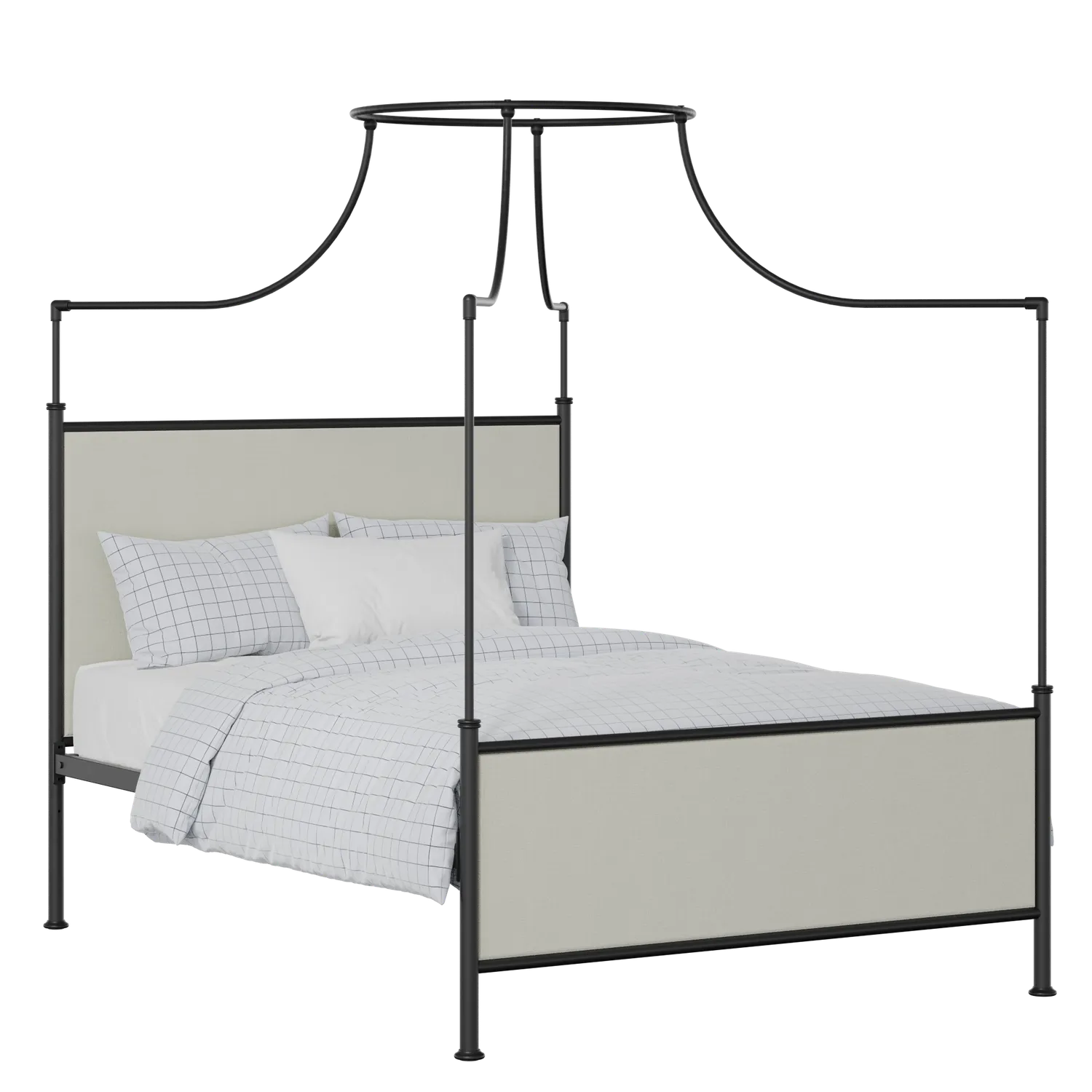 Waterloo iron/metal upholstered bed in black with oatmeal fabric