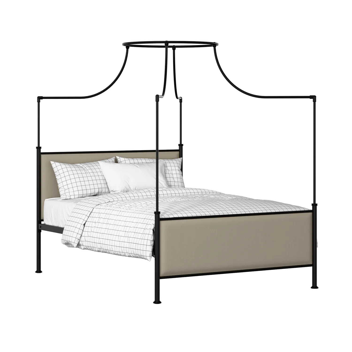 Waterloo iron/metal upholstered bed in black with oatmeal fabric