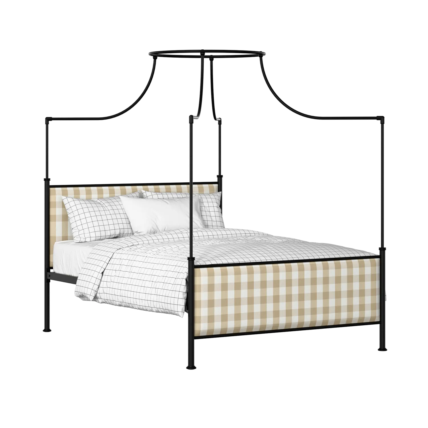 Waterloo iron/metal upholstered bed in black with Romo Kemble Putty fabric