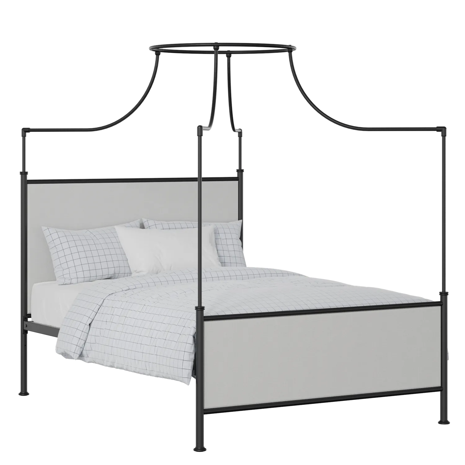 Waterloo iron/metal upholstered bed in black with silver fabric