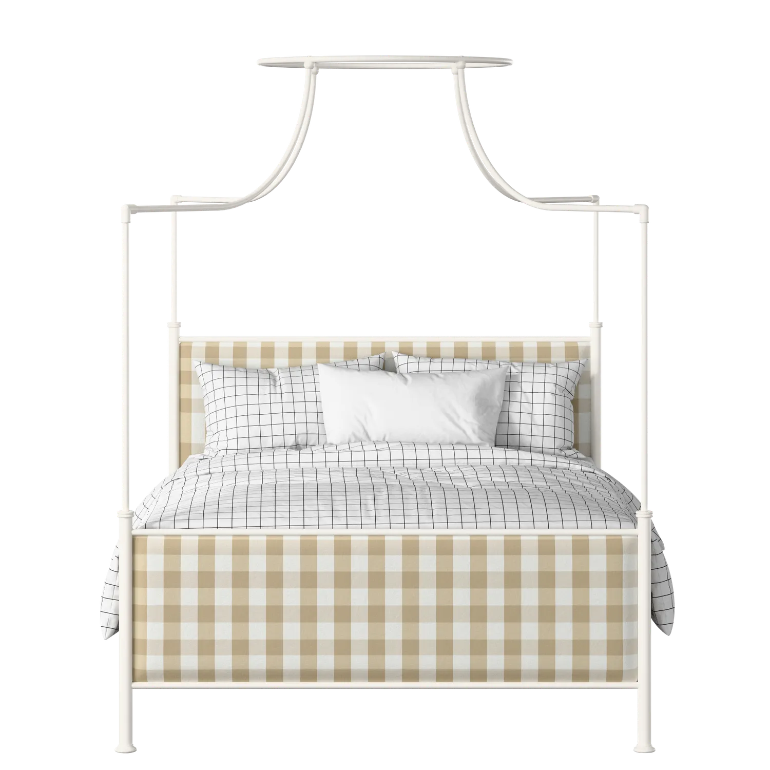 Waterloo iron/metal upholstered bed in ivory with grey fabric