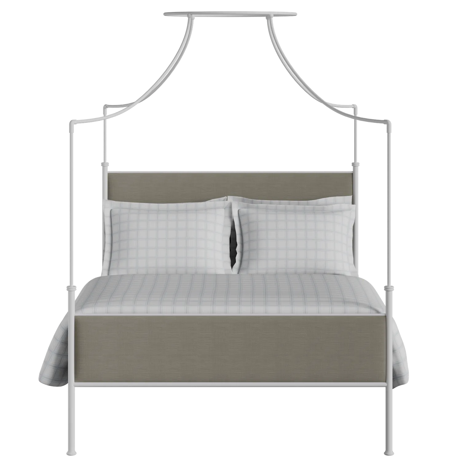 Waterloo iron/metal upholstered bed in white with grey fabric