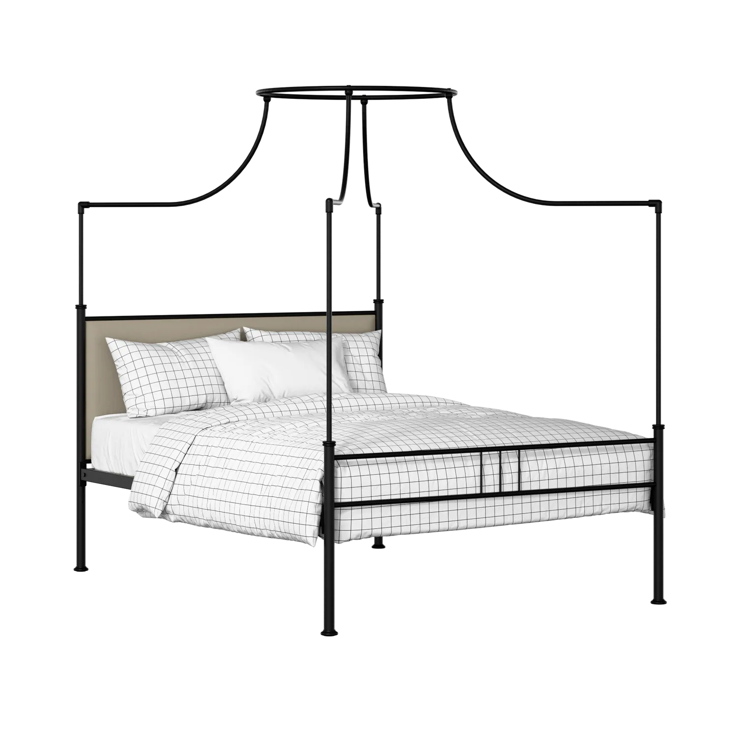 Waterloo Zero iron/metal upholstered bed in black with oatmeal fabric