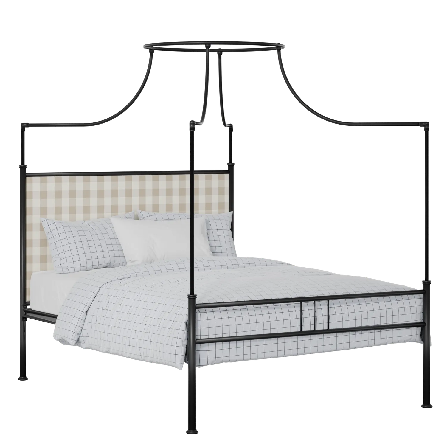 Waterloo Zero iron/metal upholstered bed in black with Romo Kemble Putty fabric