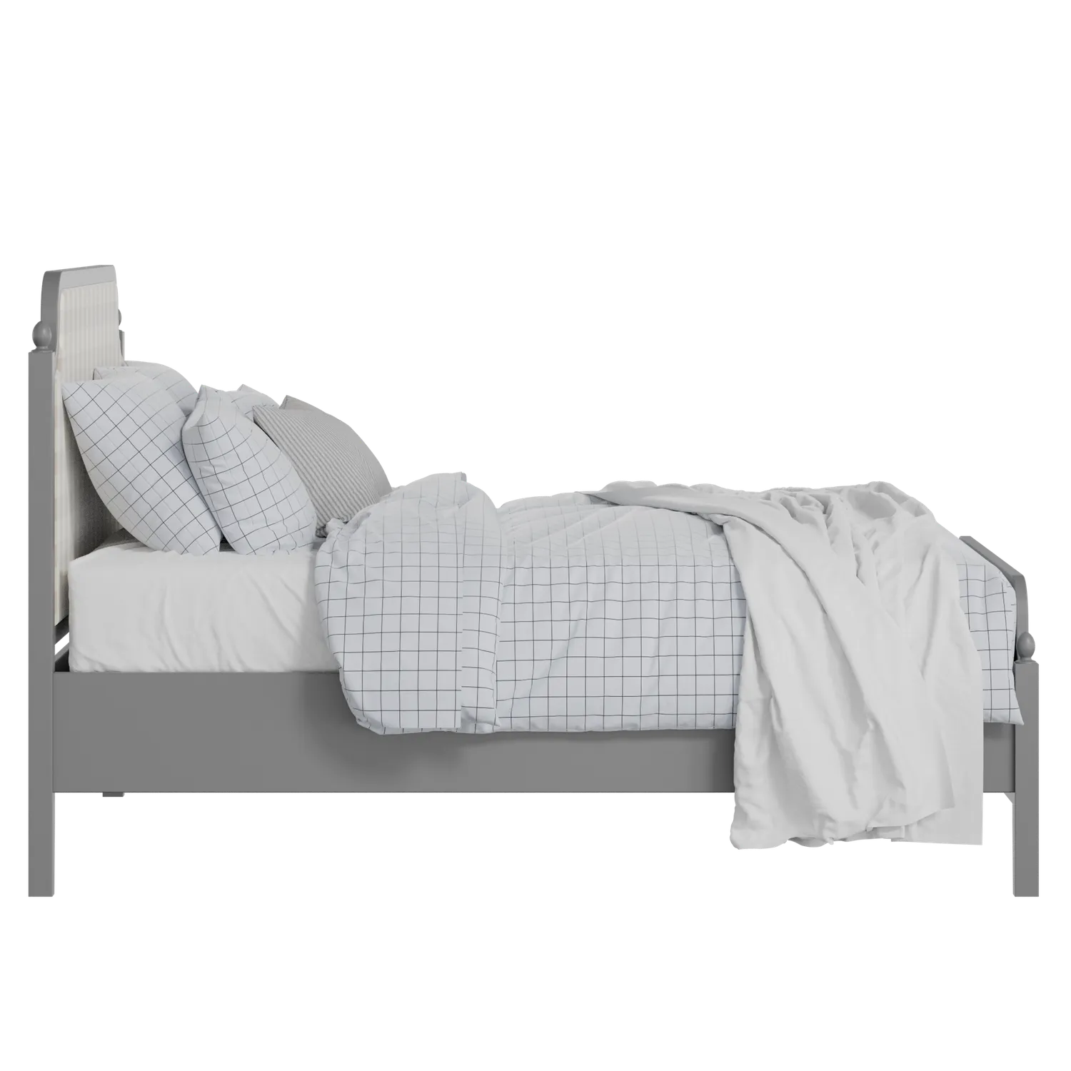 Bronte Upholstered wood upholstered bed in grey with Romo Kemble Putty fabric