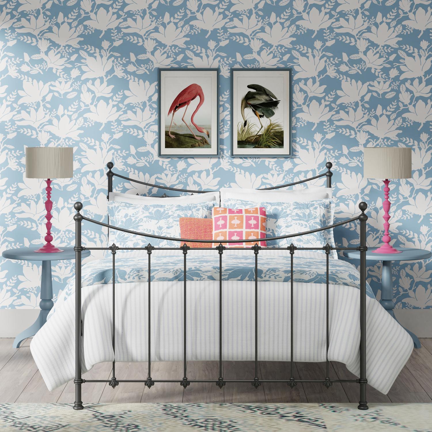 Chatsworth iron bed - Black iron bed in a blue bedroom