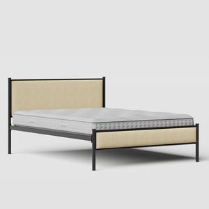 Brest iron/metal upholstered bed in black with natural fabric - Thumbnail
