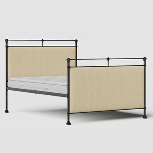 Lille iron/metal upholstered bed in black with natural fabric - Thumbnail