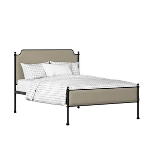 Miranda Slim iron/metal upholstered bed in black with oatmeal fabric - Thumbnail