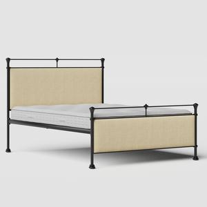 Nancy iron/metal upholstered bed in black with natural fabric - Thumbnail
