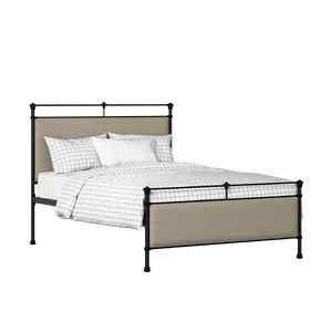 Nancy iron/metal upholstered bed in black with oatmeal fabric - Thumbnail