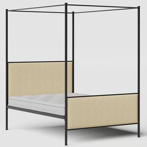 Reims iron/metal upholstered bed in black with natural fabric - Thumbnail