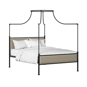 Waterloo Slim iron/metal upholstered bed in black with oatmeal fabric - Thumbnail