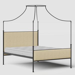 Waterloo iron/metal upholstered bed in black with natural fabric - Thumbnail
