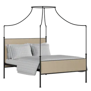 Waterloo iron/metal upholstered bed in black with natural fabric - Thumbnail