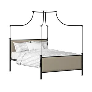 Waterloo iron/metal upholstered bed in black with oatmeal fabric - Thumbnail