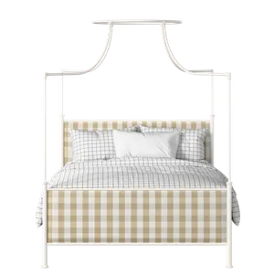 Waterloo iron/metal upholstered bed in ivory with grey fabric - Thumbnail