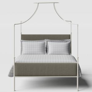 Waterloo iron/metal upholstered bed in ivory with grey fabric - Thumbnail