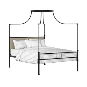 Waterloo Zero iron/metal upholstered bed in black with oatmeal fabric - Thumbnail